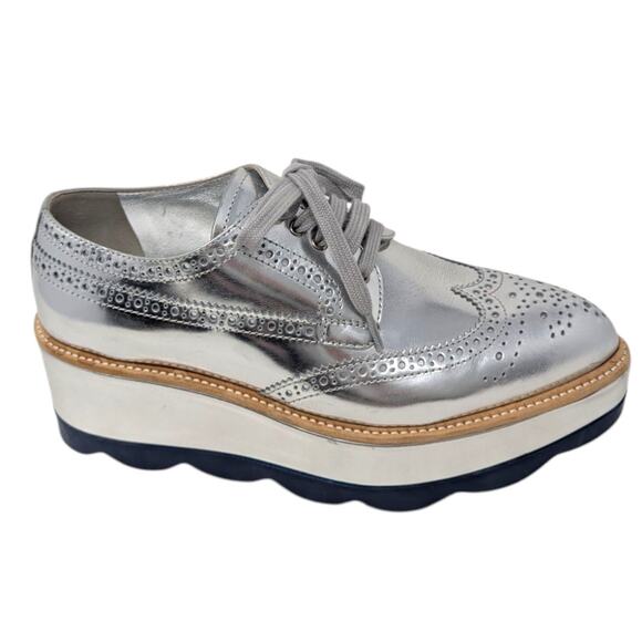 Prada Silver Leather Platform Oxford Brogues Wingtip Lace-Up Shoes 36.5 Designer - Picture 1 of 10